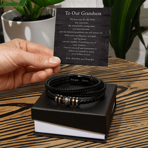 To Our Grandson – Engraved Leather Bracelet with Hidden Message