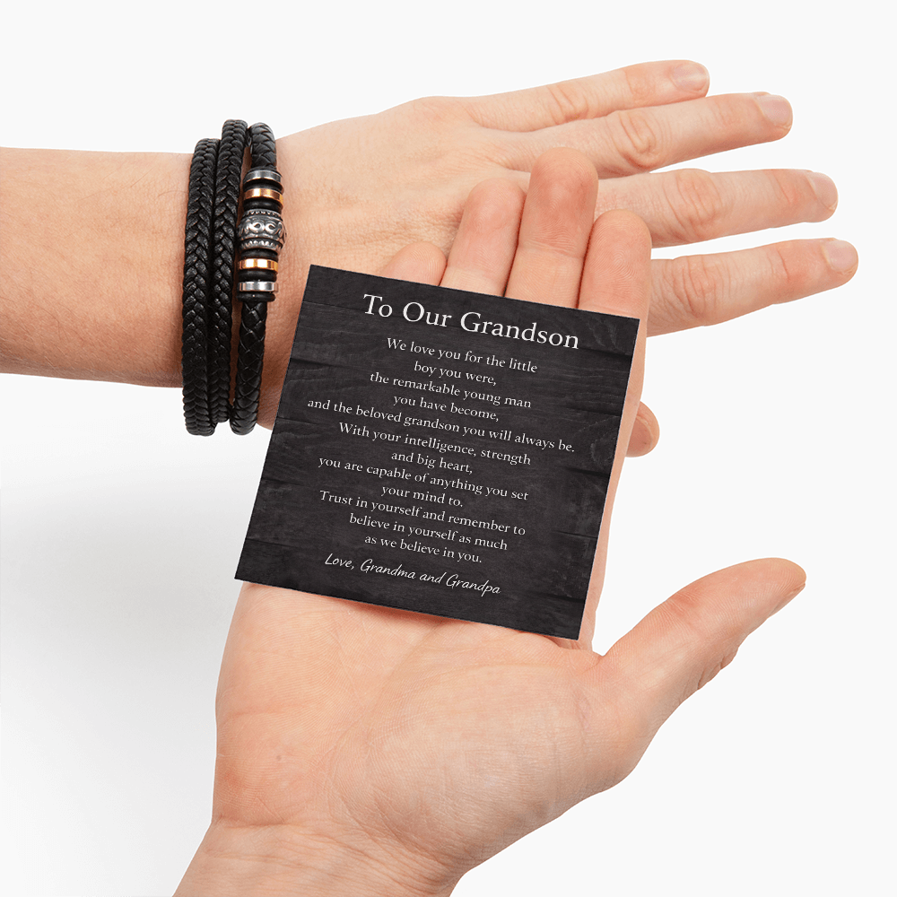 To Our Grandson – Engraved Leather Bracelet with Hidden Message