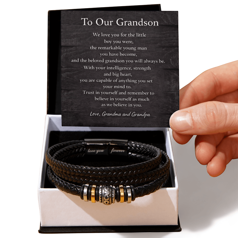To Our Grandson – Engraved Leather Bracelet with Hidden Message