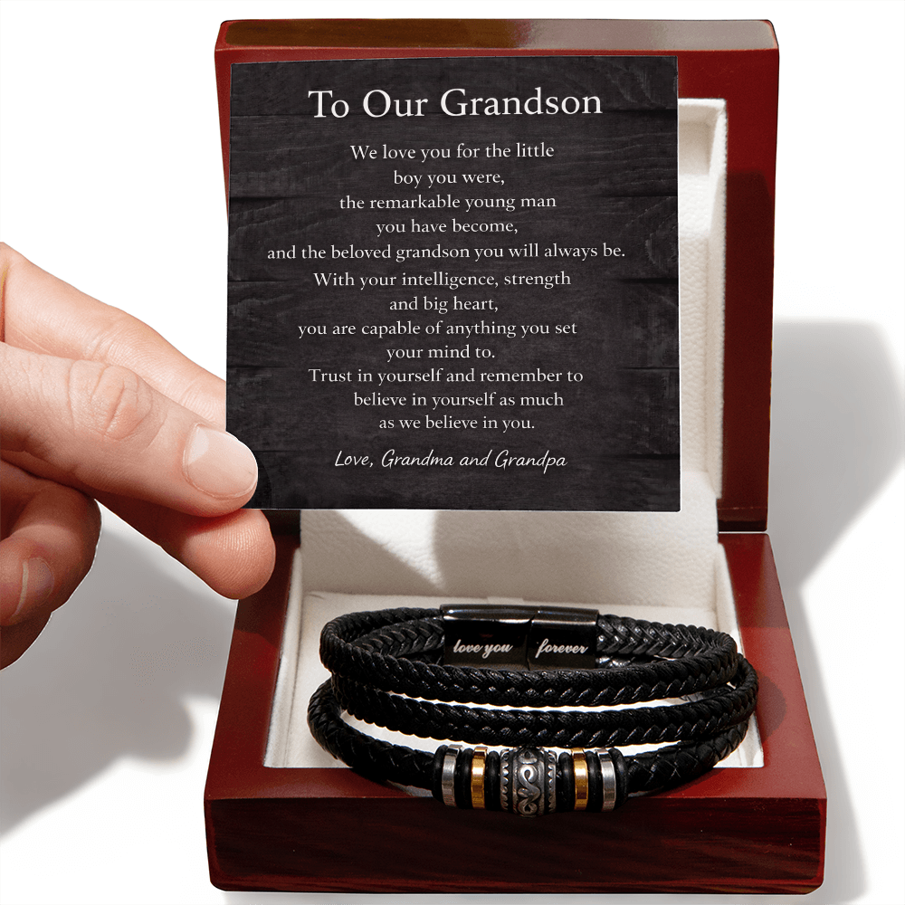 To Our Grandson – Engraved Leather Bracelet with Hidden Message