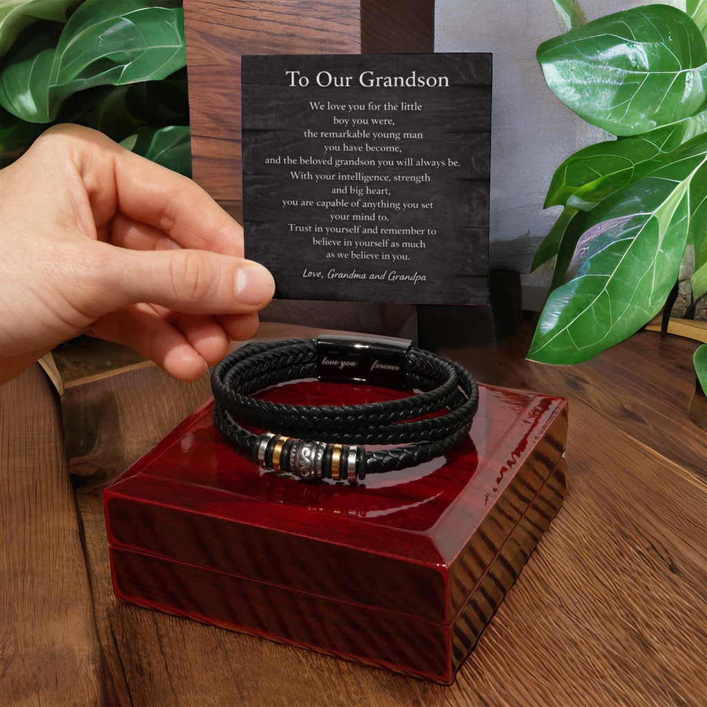 To Our Grandson – Engraved Leather Bracelet with Hidden Message